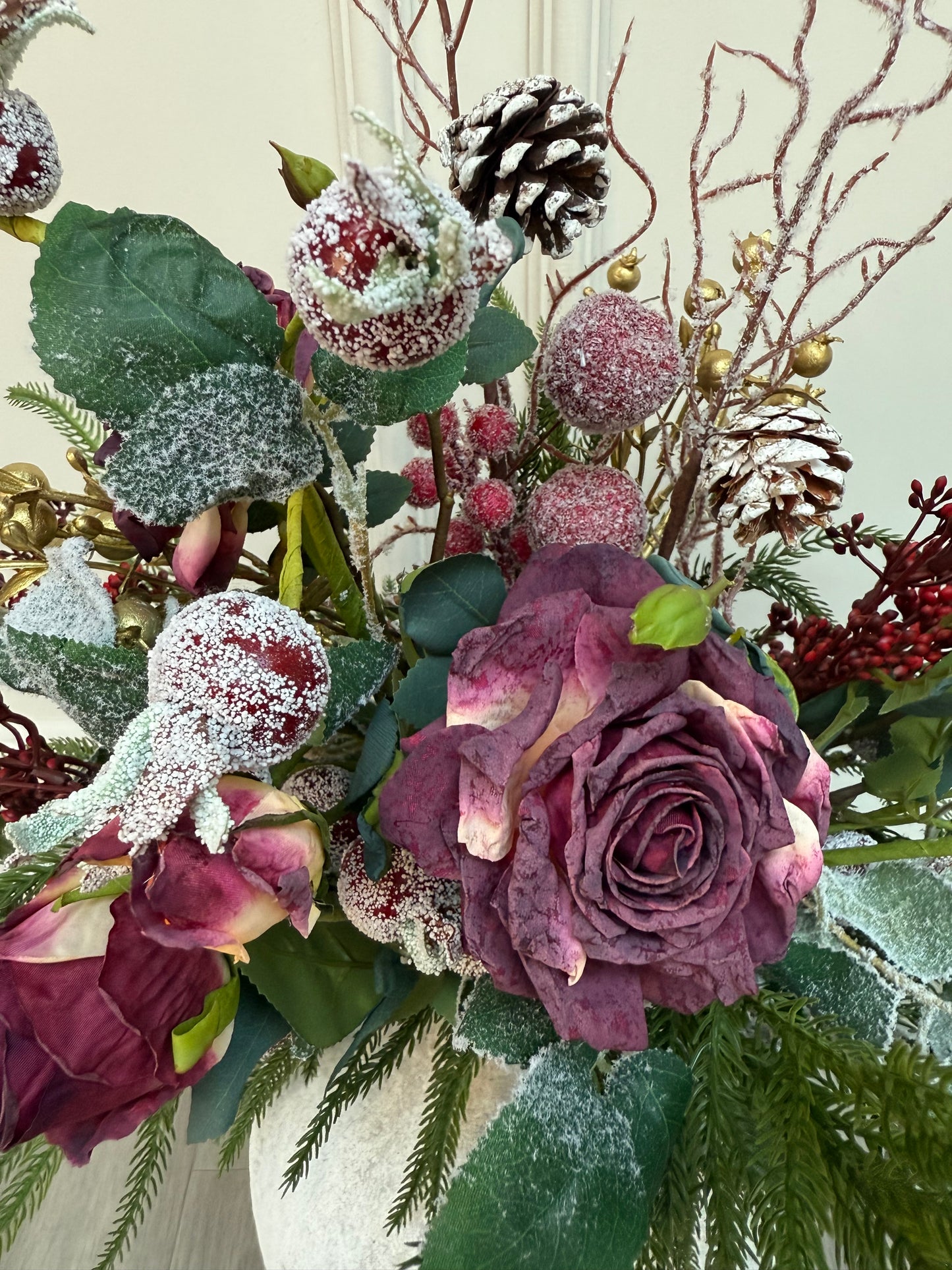 Luxury Winter Mulberry Rose and Pine Frosted Bunch