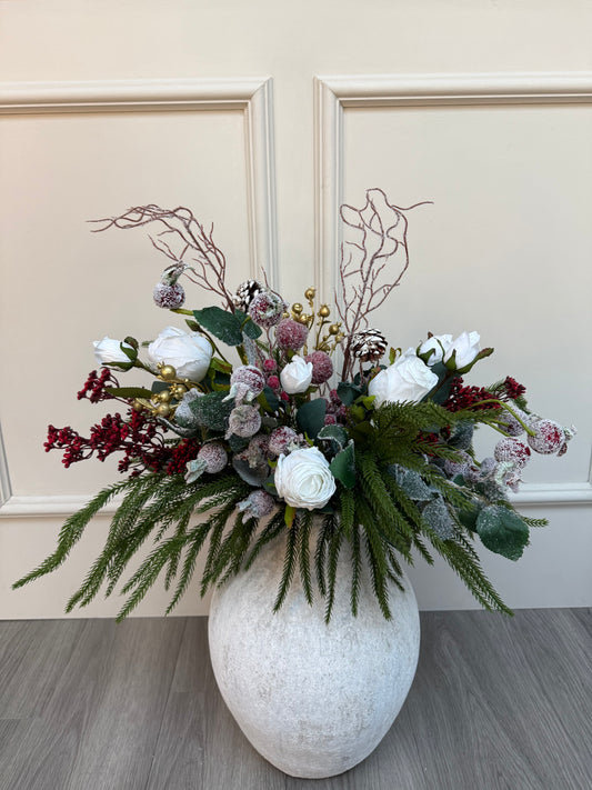 Luxury Winter White Rose and Pine Frosted Bunch