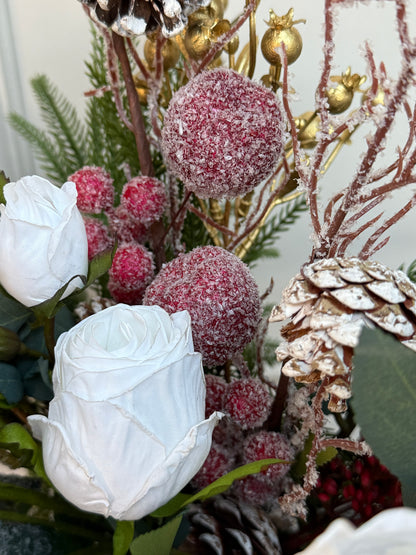 Luxury Winter White Rose and Pine Frosted Bunch