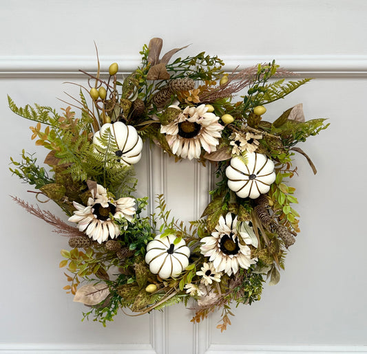 White Pumpkin Floral Wreath