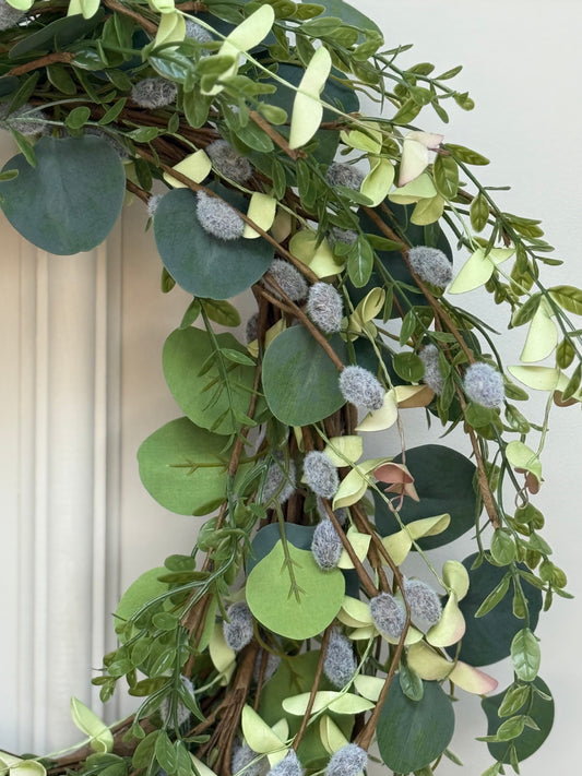 Faux Eucalyptus and Pussy Willow Foliage Wreath