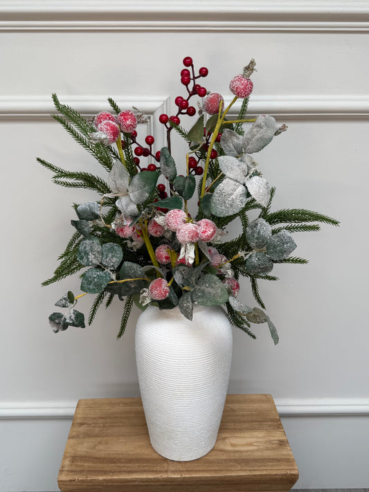 Norfolk Pine with Red Berries & Frosted Rosehip Bunch