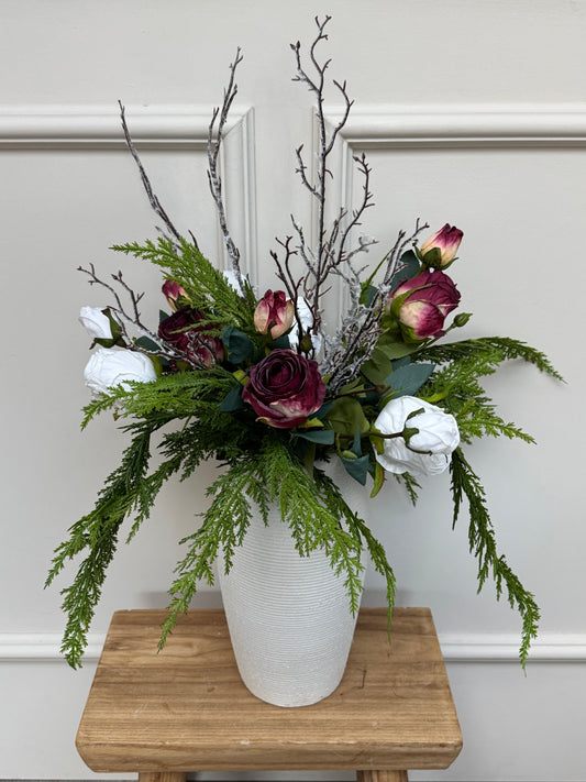 White and Mulberry Rose, Cedar and Winter Twigs Bunch with Vase