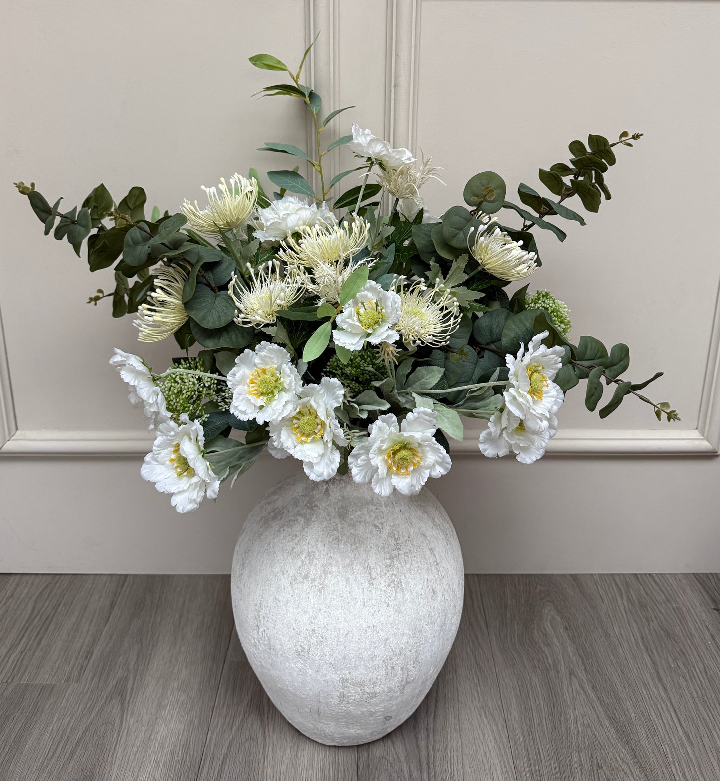 White Frilly Scabiosa and Eucalyptus Bunch