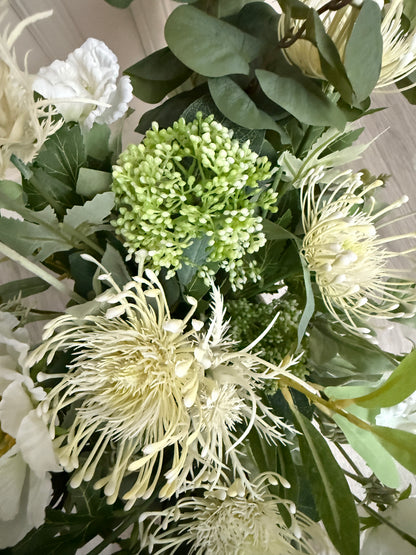 White Frilly Scabiosa and Eucalyptus Bunch
